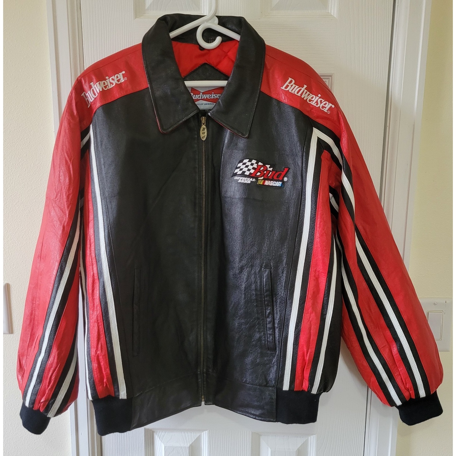 Vintage Budweiser Racing Leather Jacket Nascar King Of Beers Black Red 2xl